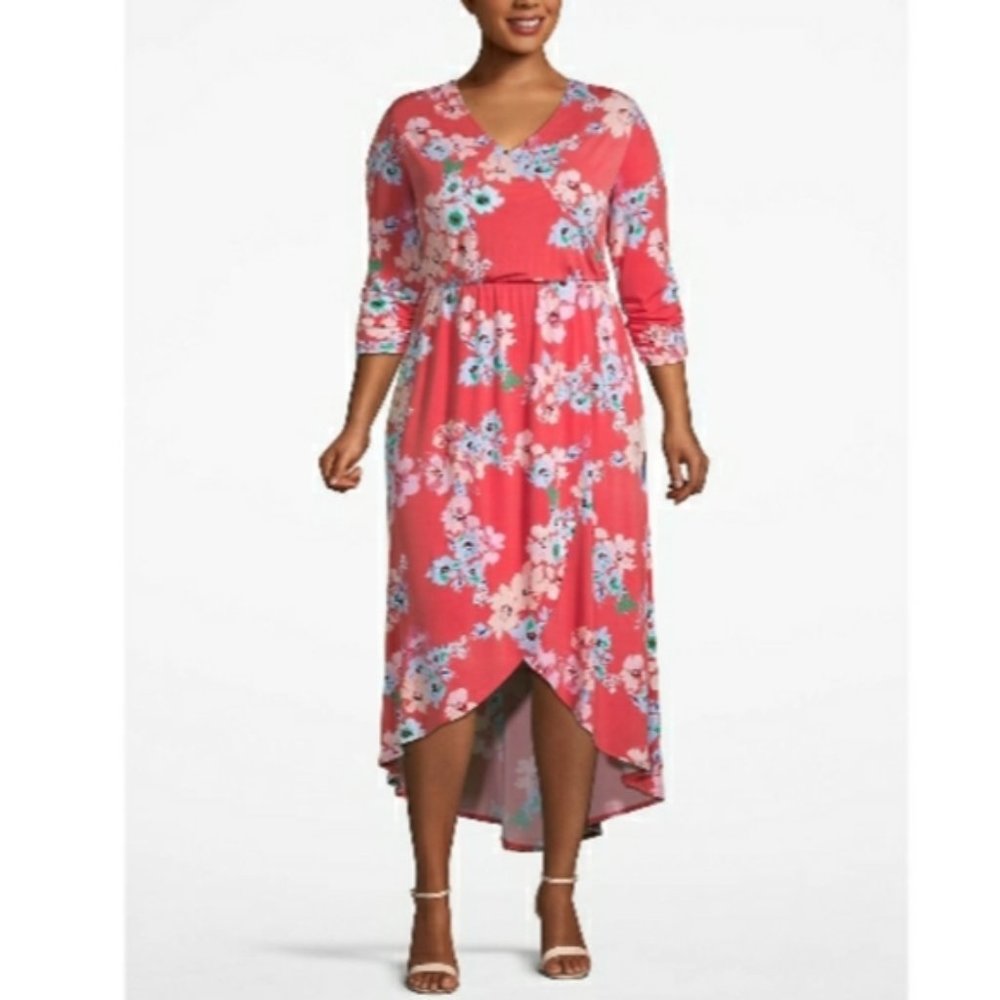 Lane Bryant | Floral High Low Faux Wrap Stretch Knit Dress | Size 1X 14/16